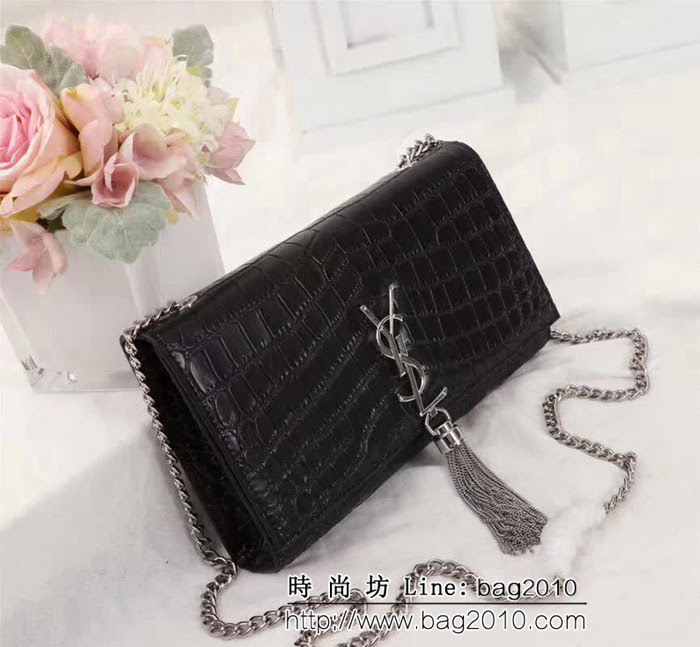 YSL聖羅蘭 經典銀扣 鱷魚紋牛皮 時尚流蘇包 311225 YAS1355